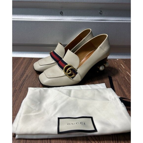 Gucci White Leather Peyton GG Sylvie Pearl Studded Loafer Size EU37 US7 - Picture 1 of 8